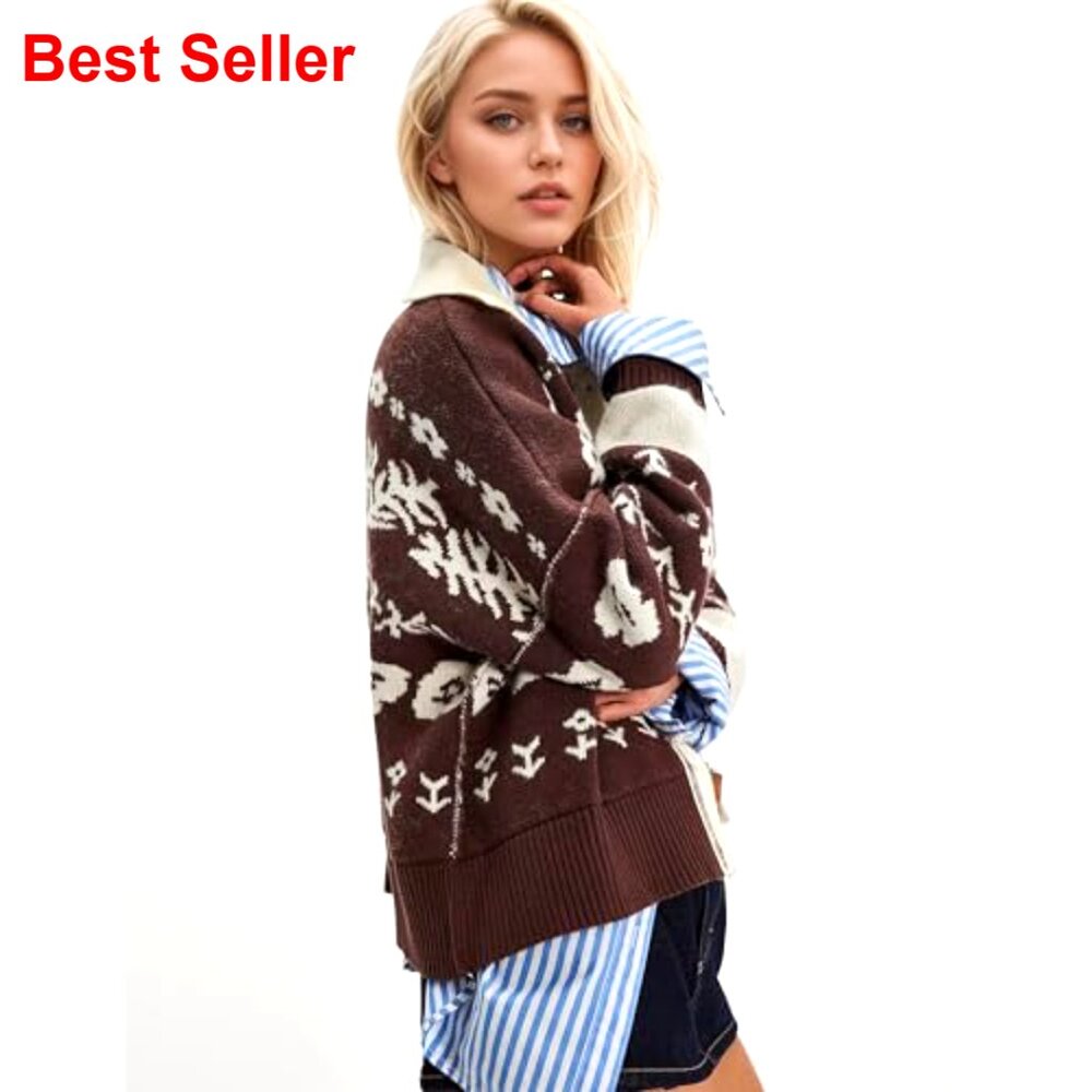 Long Sleeve Floral Print Cardigan Sweater Button Up Knit Top - Picture 3 of 7